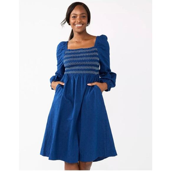 Draper James RSVP Navy Smocked Square Neck Long Sleeve Midi Dress Pockets Sz L - Picture 1 of 10